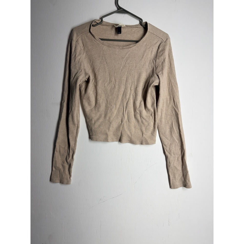 Universal Thread Tan Ribbed Long Sleeve Crew Neck Crop Top Beige Large